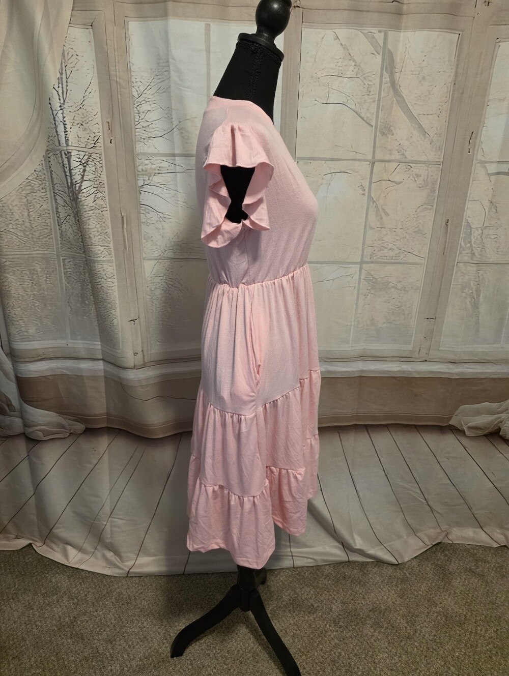 Soft Pink Tiered V-Neck Women's Dress - Picture 2 of 5